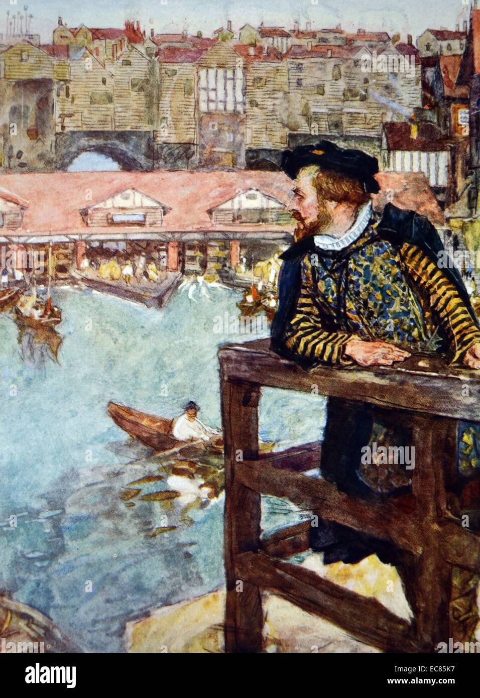 La pittura di William Shakespeare (1564-1616) poeta inglese, drammaturgo e attore, presso i mulini ad acqua sotto il ponte di Londra. Datata xvi secolo Foto Stock