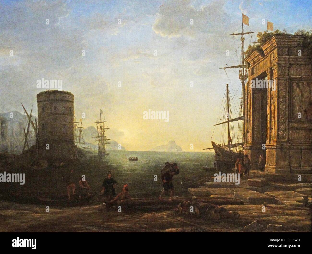 Pittura intitolato "Porto all'alba". Dipinto da Claude Gellee (Claude Lorrain) francese-nato pittore. Risalenti al XVII secolo Foto Stock