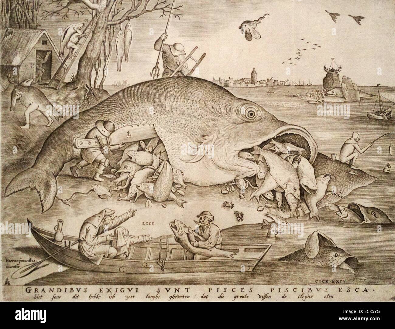 Incisione raffigurante un grande pesce ingestione di un piccolo pesce. Da Pieter van der Heyden (1530-1572). Datata XVI Secolo Foto Stock