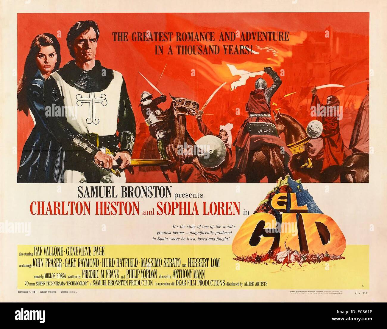 Il 1961 film epico; El Cid; era un romanticized storia della vita di Rodrigo Díaz de Vivar; dove El Cid è stato interpretato da Charlton Heston. Rodrigo Díaz de Vivar (c. 1043 - 1099) era un nobile castigliano e capo militare in Spagna medievale Foto Stock