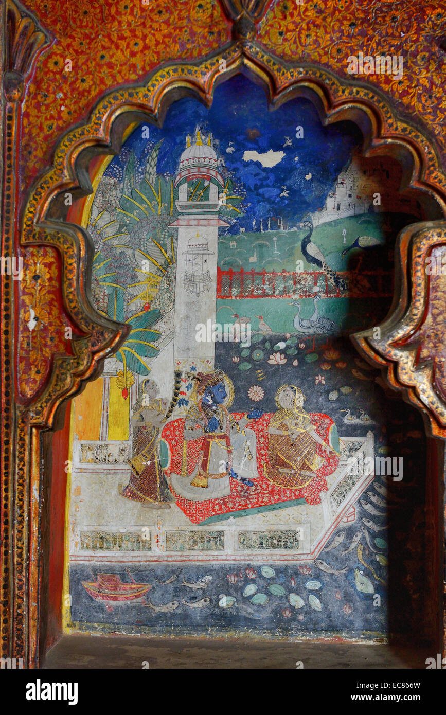 India Rajasthan, Mewar regione, città di Bundi, murales del Maharaja camera presso il Palazzo Garh Foto Stock
