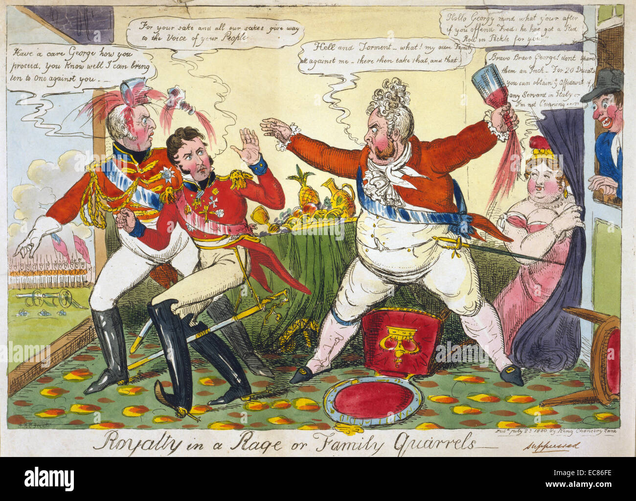 Stampa a colori di Giorgio IV in una rabbia contro i membri della famiglia (William e Federico) che non sono disposti a fornire il loro sostegno per il progetto di legge di dolori e di sanzioni. Da Robert Cruikshank (1789-1856). Datata 1820 Foto Stock
