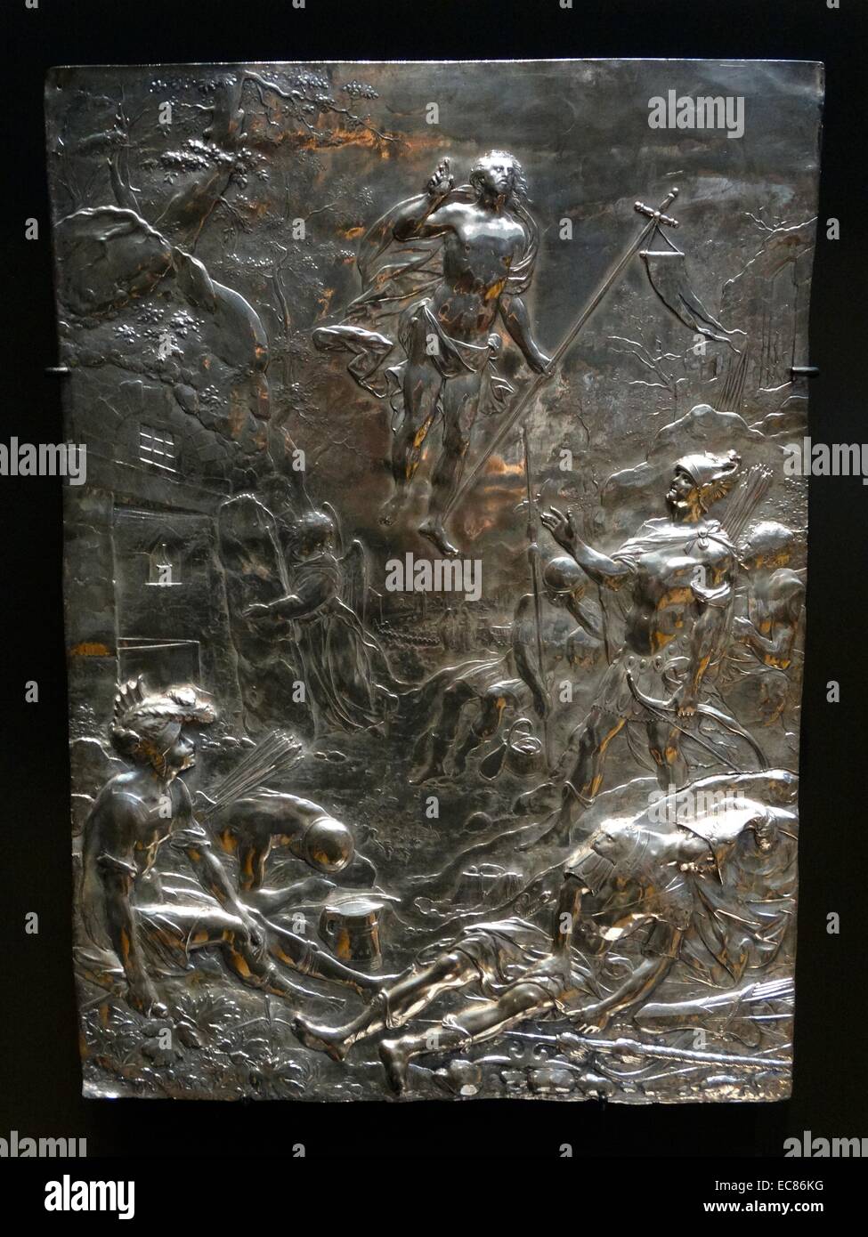 Incisione di argento intitolato "La risurrezione di Cristo" creato da Paulus Willemsz van Vianen (1570-1613). Risalenti al XVII secolo Foto Stock