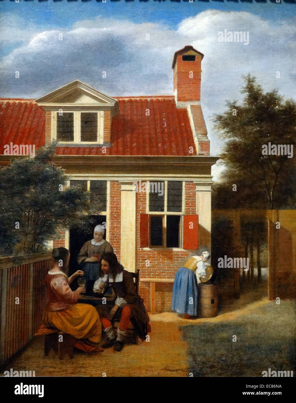 Pittura intitolata 'figure in un cortile dietro casa' dipinta da Pieter De Hooch (1629-1683). Il XVII secolo Foto Stock