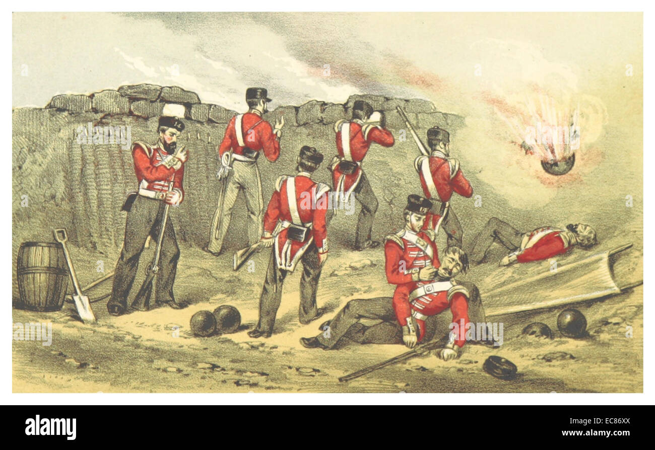Questa voce si riferisce alla pubblicazione di Alexander del 1857, raffigurando linee britanniche sotto fuoco durante un conflitto militare storico, fornendo un riferimento visivo o testuale alla battaglia. Foto Stock