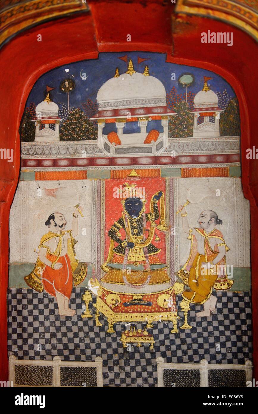 India Rajasthan, Mewar regione, città di Bundi, murales del Maharaja camera presso il Palazzo Garh Foto Stock