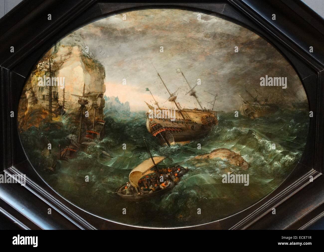 Pittura intitolato 'Shipwreck fuori da una costa rocciosa' dipinta da Adam Willaerts (1577-1664) Olandese Golden Age pittore. Risalenti al XVII secolo Foto Stock
