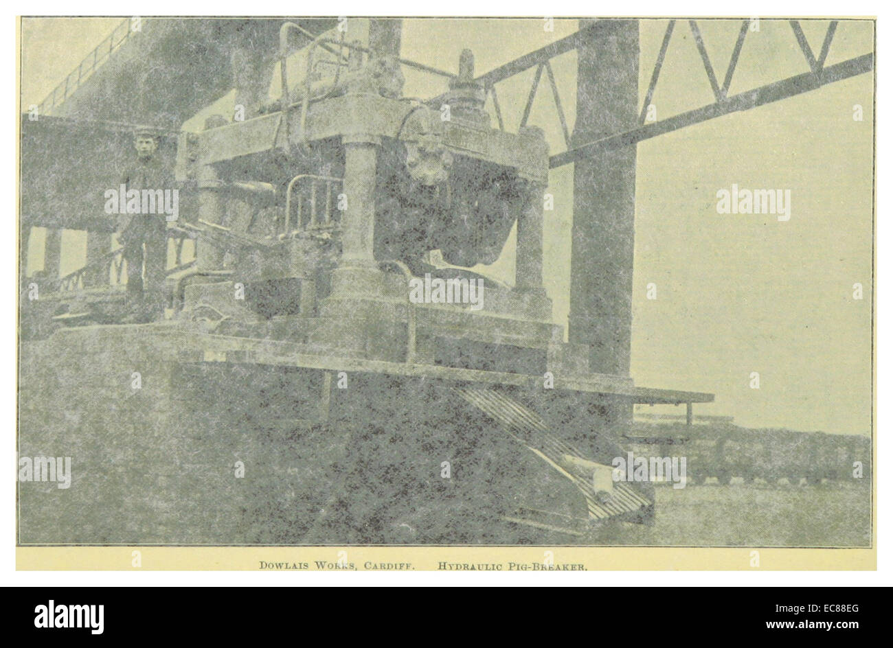 Un'illustrazione del lavoro di Ballinger del 1896, che mostra il demolitore idraulico di maiale presso la Dowlais Works, un'innovazione critica nell'industria siderurgica e del ferro durante la fine del XIX secolo. Foto Stock