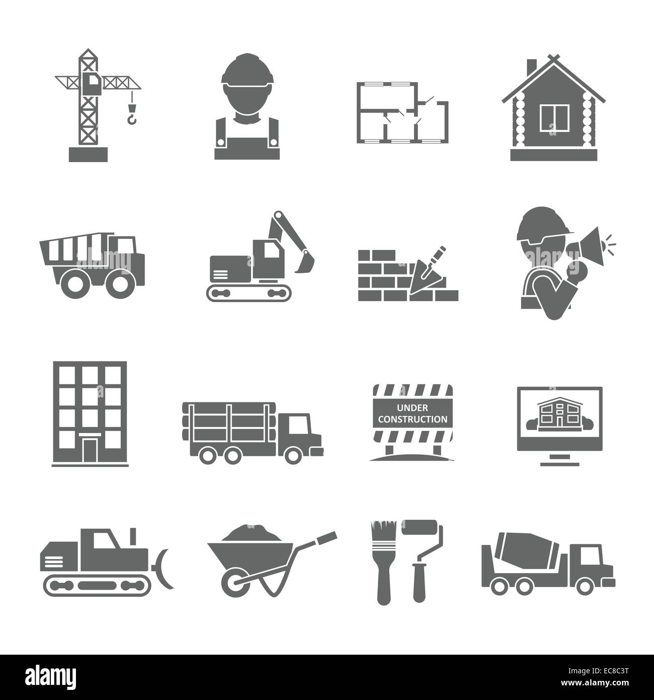 I veicoli per la costruzione degli impianti e la creazione di strumenti nero set di icone isolato illustrazione vettoriale Illustrazione Vettoriale