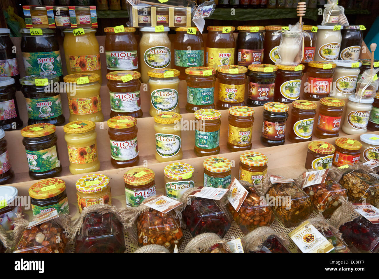 Polonia Cracovia Mercatino di Natale il miele per la vendita Foto Stock