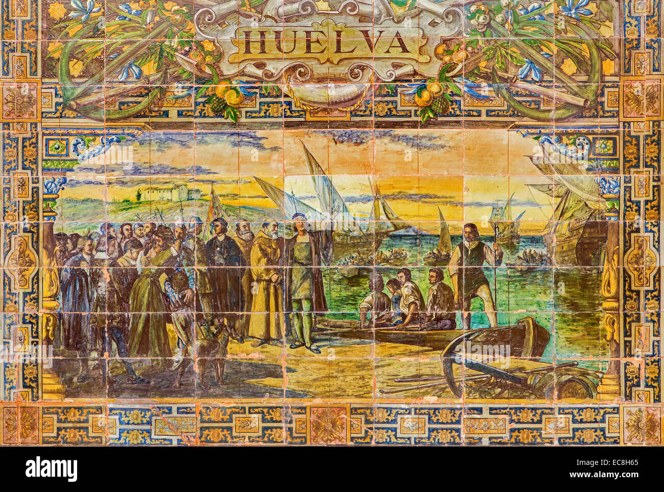 Siviglia - Huelva come uno dei "piastrellato Provincia nicchie' lungo le pareti della Plaza de Espana Foto Stock