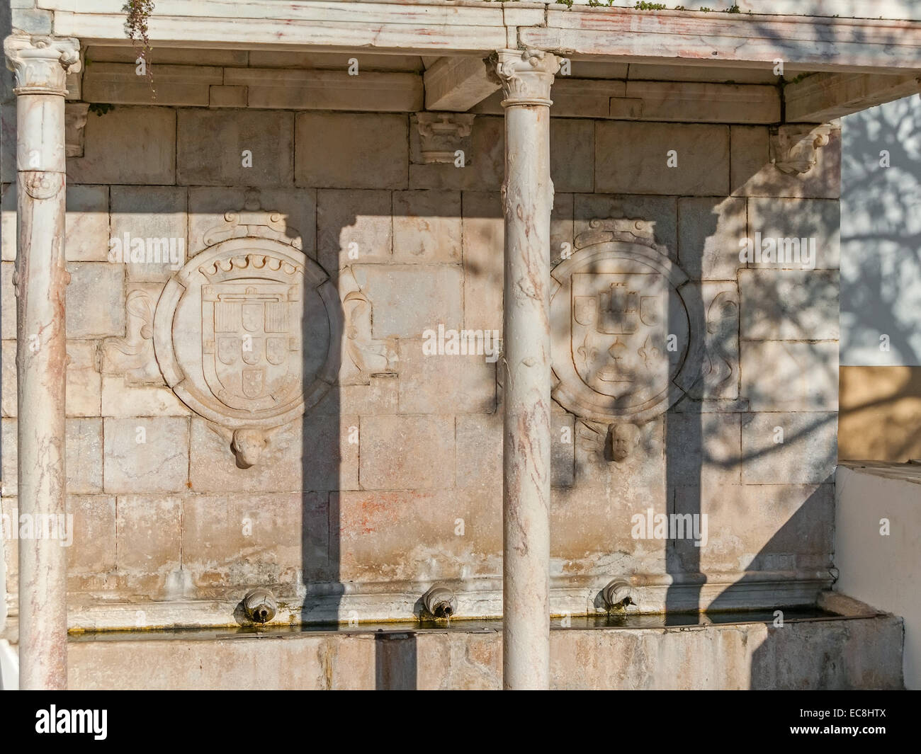 Fontana rinascimentale in Piazza della Repubblica, Alter do Chão, distretto di Portalegre, Portogallo. Dettaglio del portoghese stemma. Foto Stock