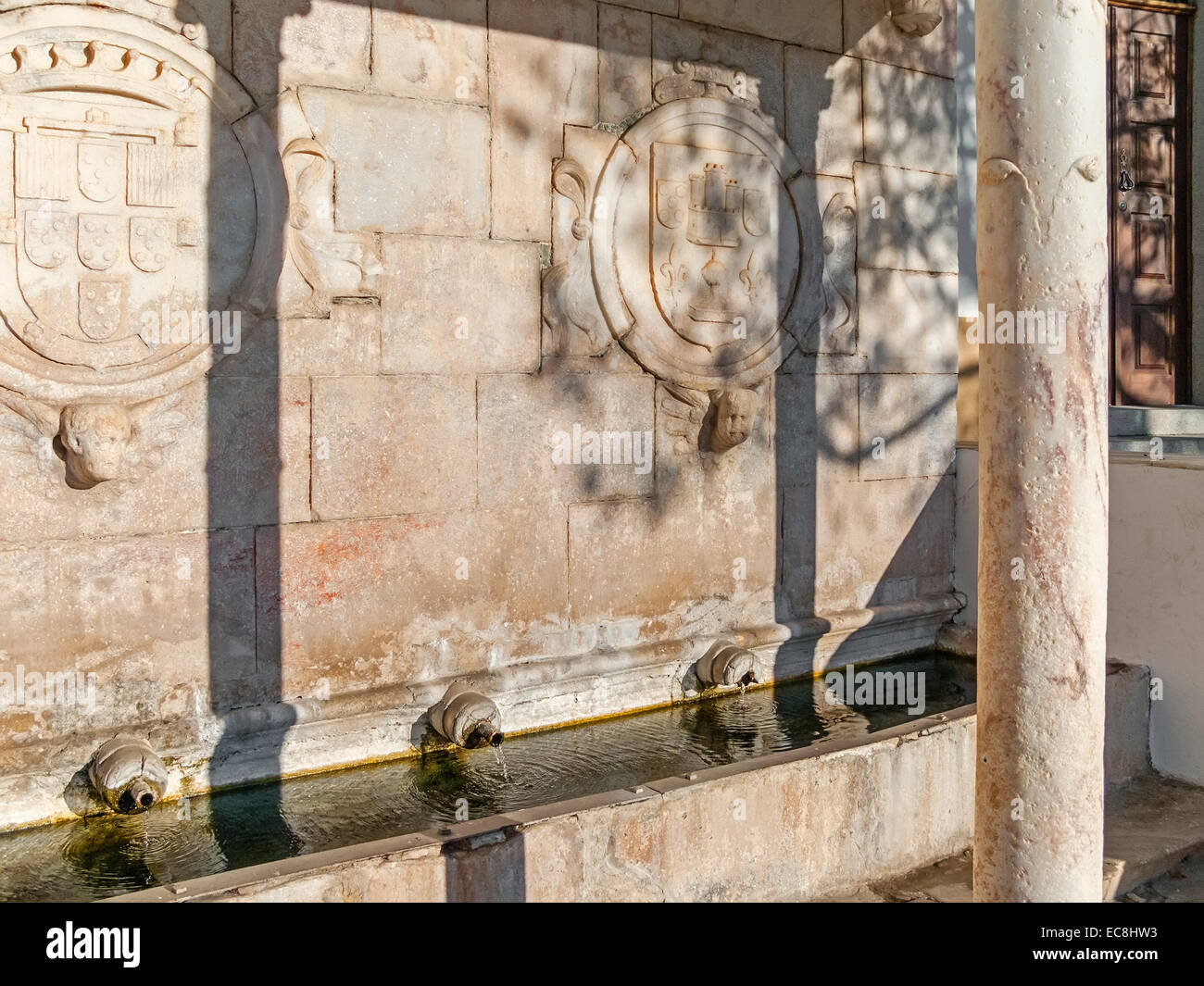Fontana rinascimentale in Piazza della Repubblica, Alter do Chão, distretto di Portalegre, Portogallo. Dettaglio del portoghese stemma. Foto Stock