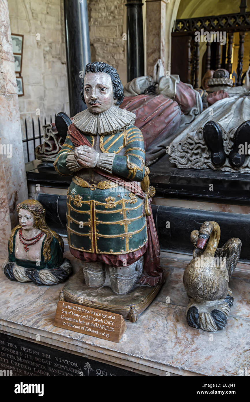 Effigie di Lucius Cary, secondo il Visconte di Falkland nel 1633 e l'Erede Tanfield, chiesa a Burford, Oxfordshire, Regno Unito Foto Stock