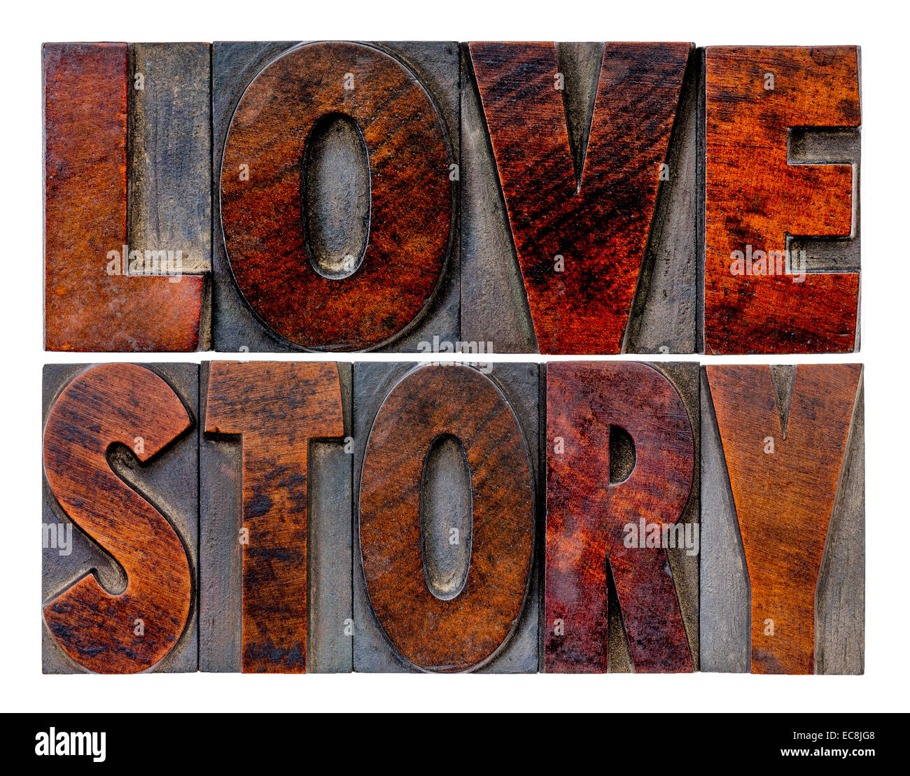 Una storia di amore astratto di parola in rilievografia vintage tipo legno blocchi con una patina di inchiostro Foto Stock