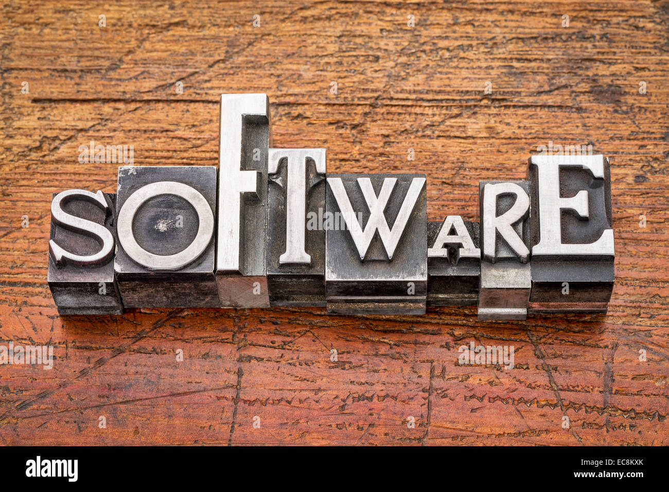 Software word in un misto di metallo vintage tipo blocchi di stampa su legno di grunge Foto Stock