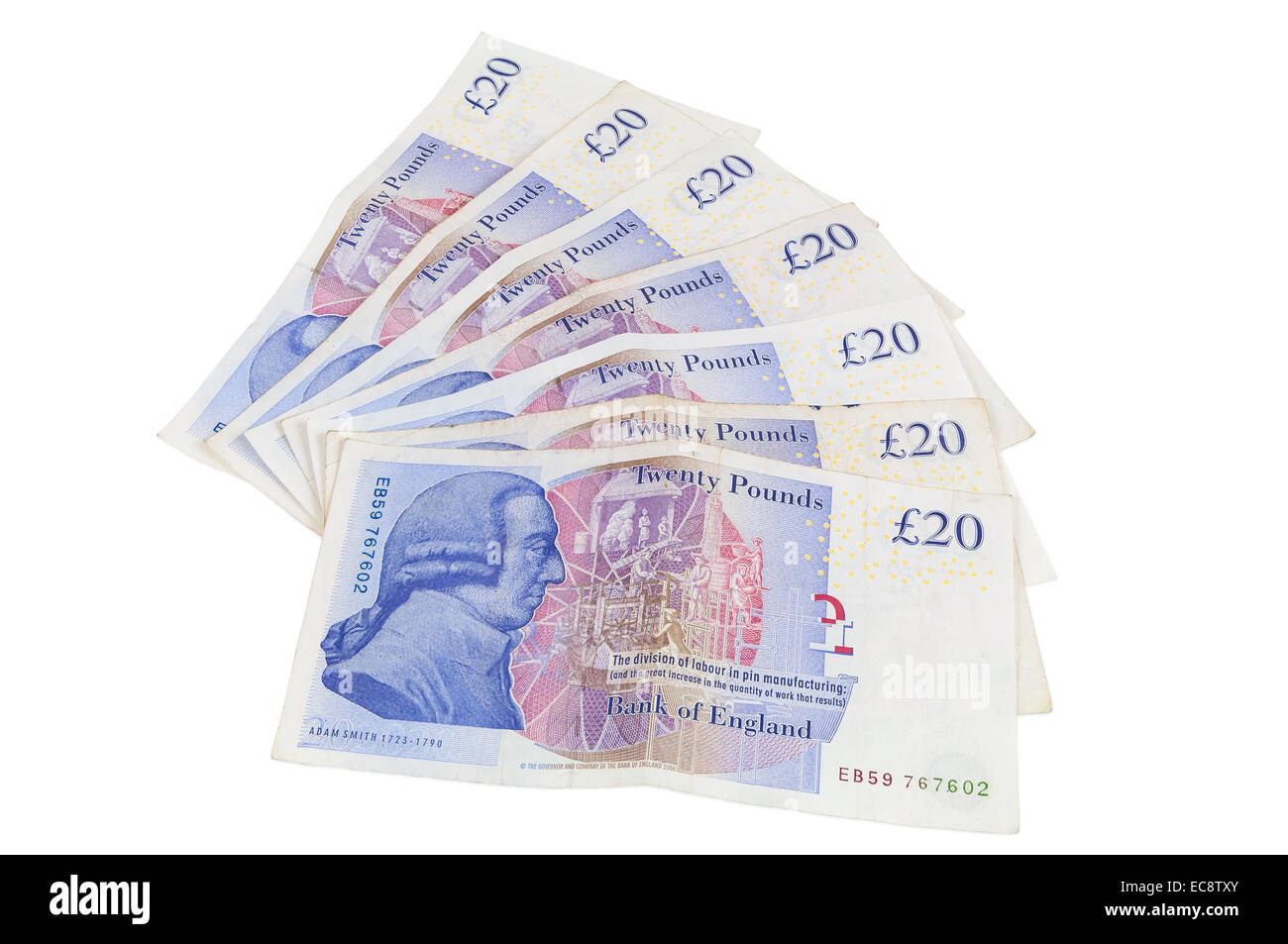 Le banconote di 20 sterline inglese isolato su sfondo bianco con tracciato di ritaglio Foto Stock
