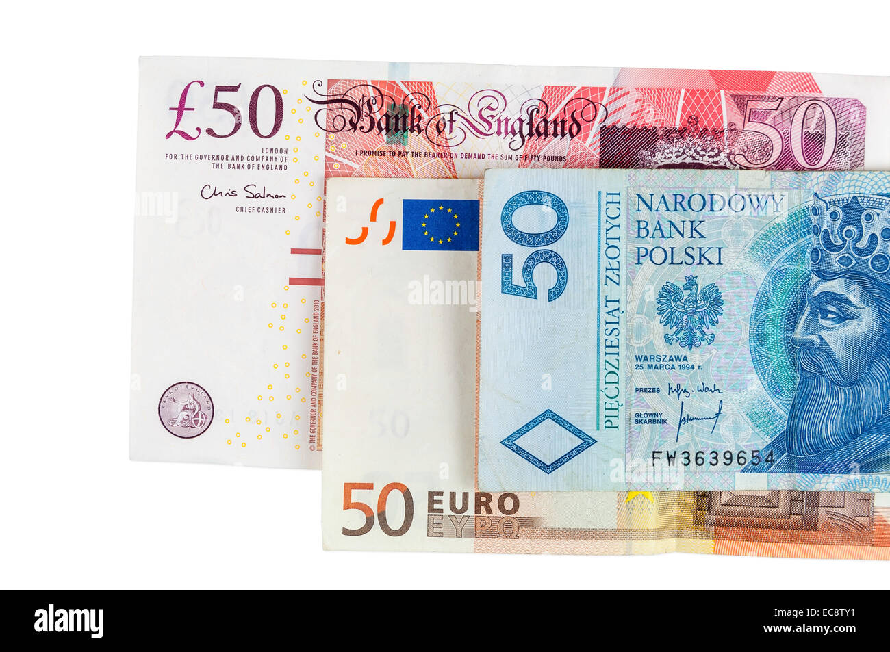 Le banconote di 50 libbre euro e zloty polacco isolato su sfondo bianco con tracciato di ritaglio Foto Stock