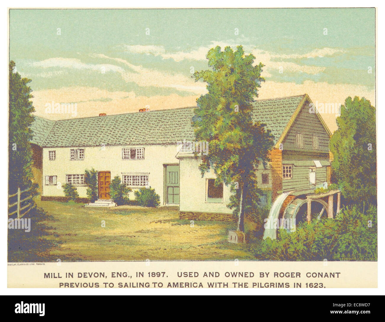 Questa illustrazione del 1898 di Roger Conant's Mill a Devon, Inghilterra, mostra le caratteristiche architettoniche del mulino e l'ambiente circostante. Il disegno mette in evidenza il paesaggio industriale e il suo ruolo nell'Inghilterra rurale. Foto Stock