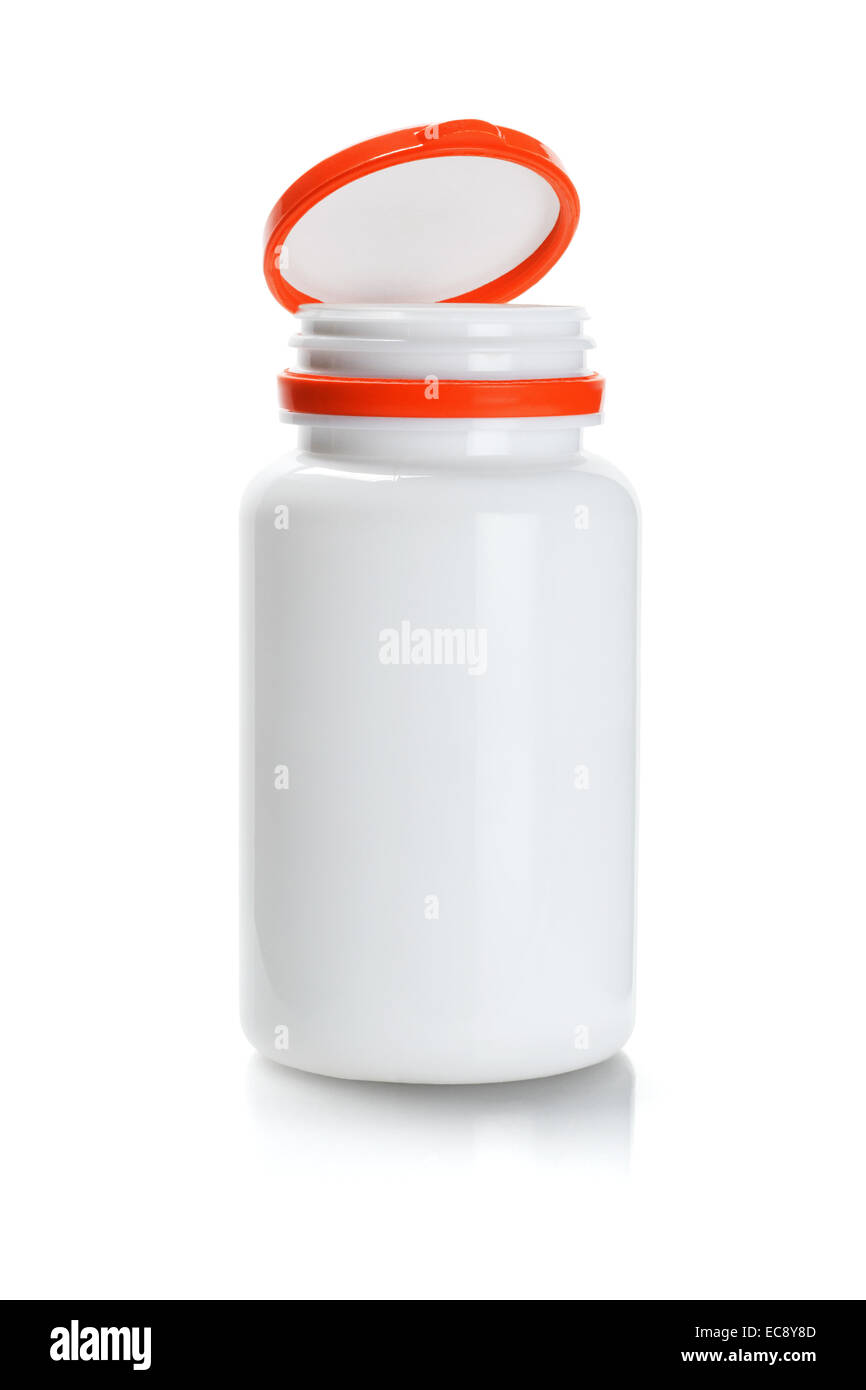 Aprire la medicina in plastica bottiglia su sfondo bianco Foto Stock