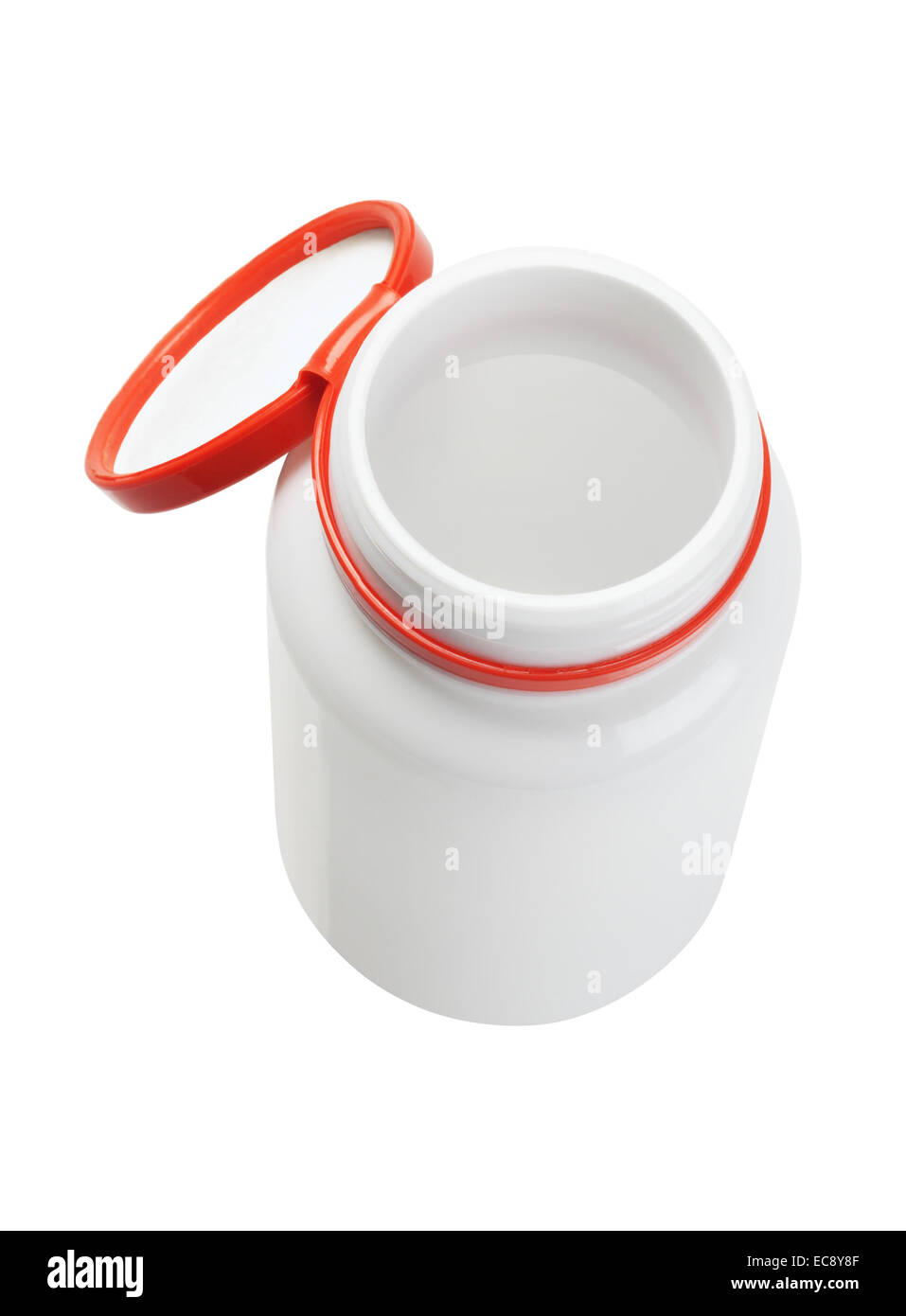 Vista in elevazione di aprire la medicina in plastica bottiglia su sfondo bianco Foto Stock