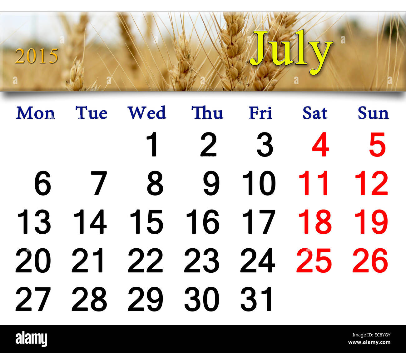 Calendario per il mese di Luglio di 2014 con nastro di campo di grano Foto Stock