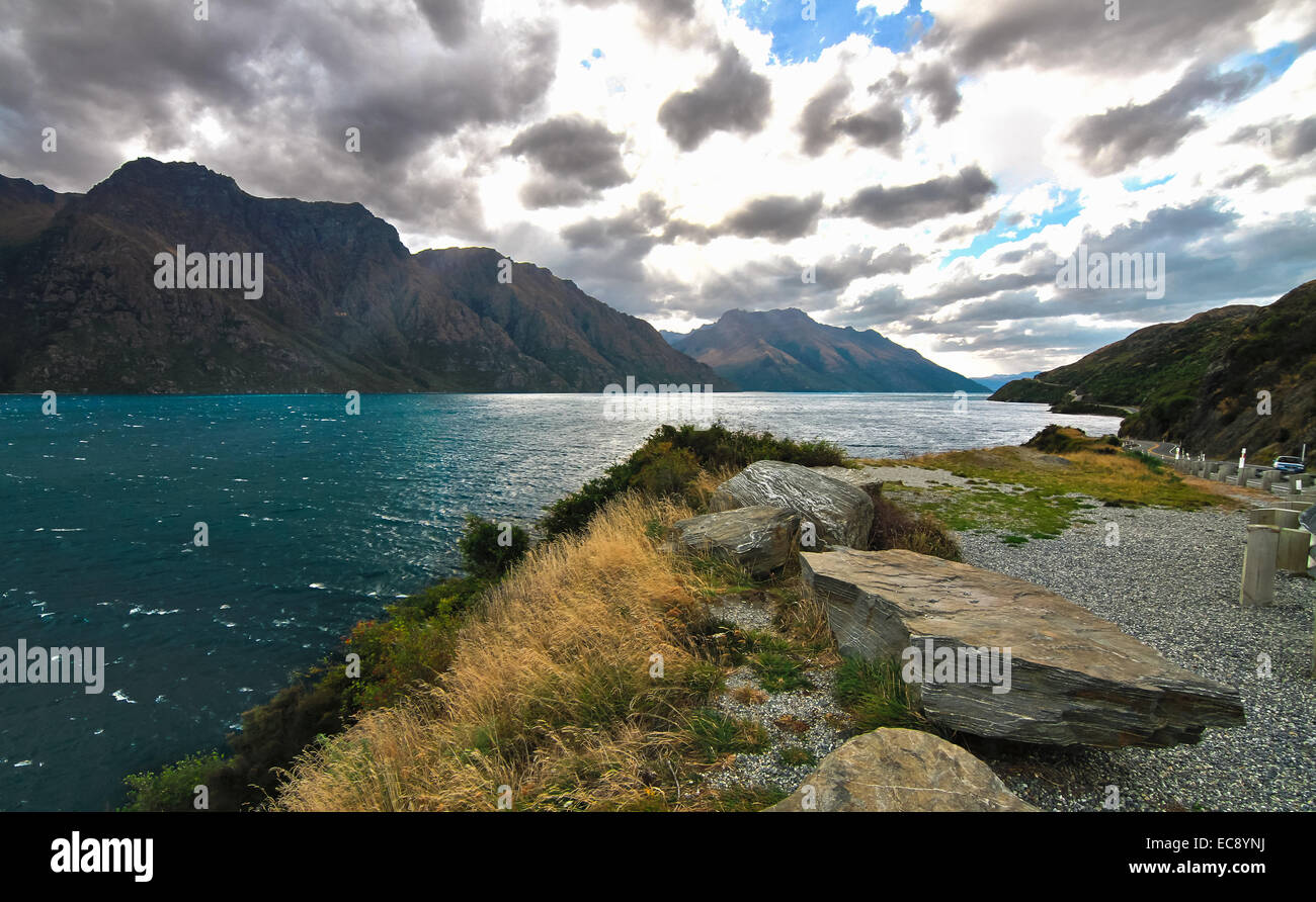 Sul lago Wakatipu, Nuova Zelanda Foto Stock