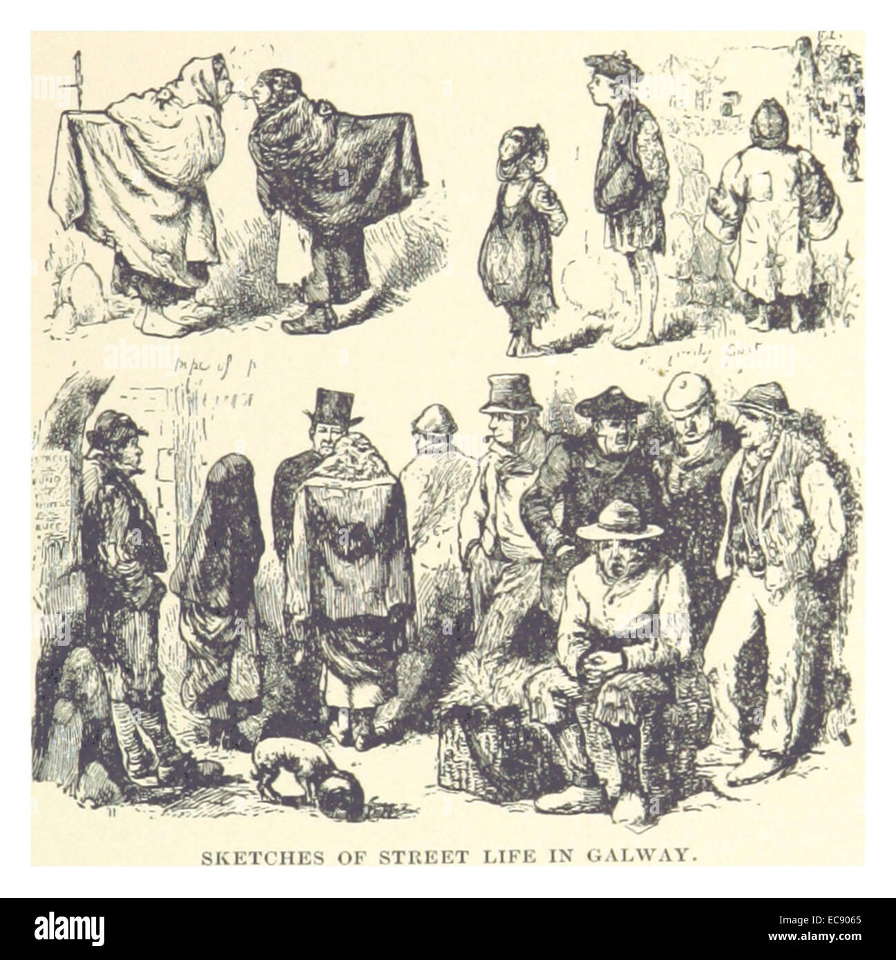 Questa illustrazione tratta dal lavoro di French del 1891 mostra la vita di strada a Galway, in Irlanda, catturando scene della vita quotidiana della città durante la fine del XIX secolo. Foto Stock