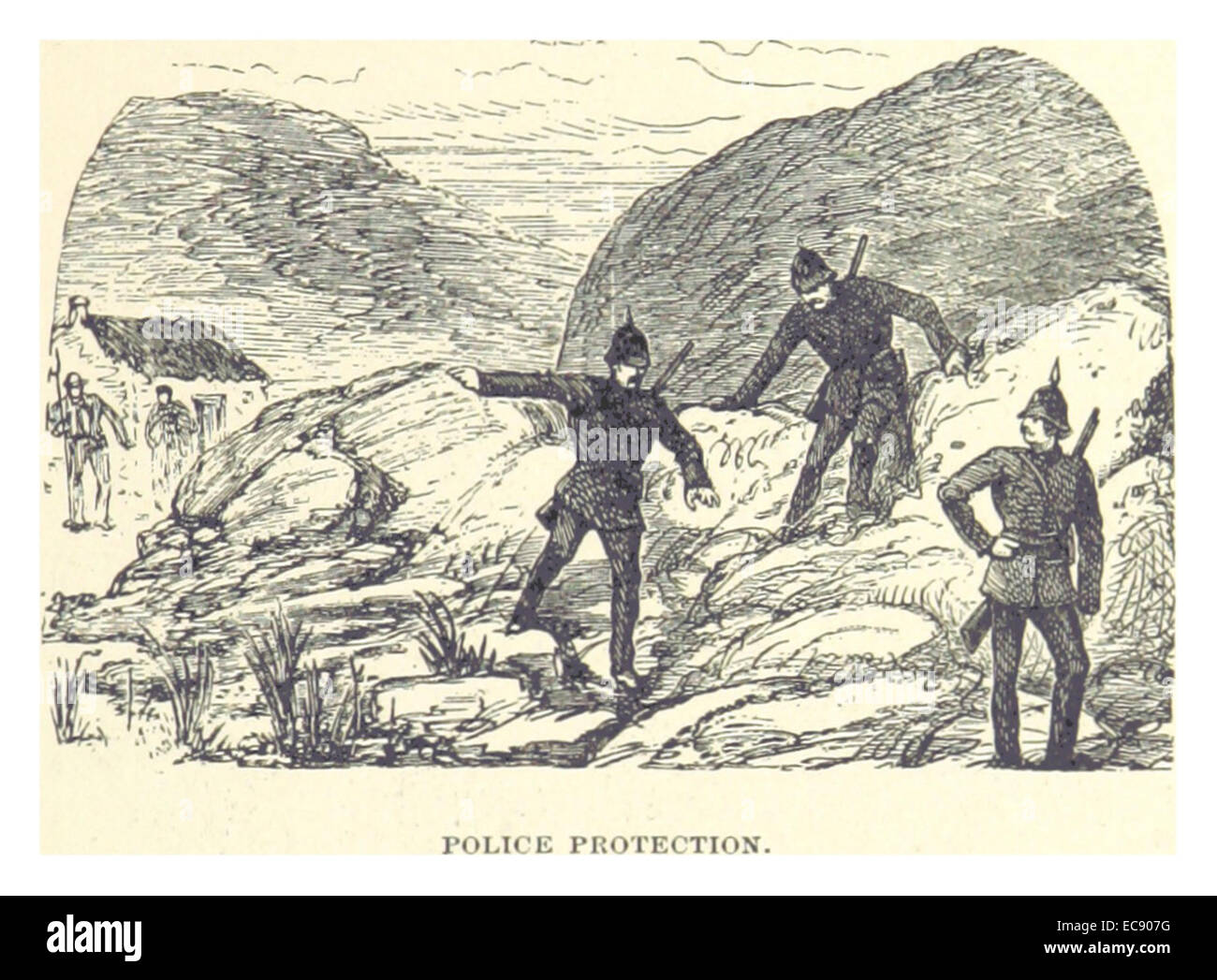Questa illustrazione del 1891 dal francese raffigura la protezione della polizia durante un periodo di maggiori preoccupazioni in materia di sicurezza. Sottolinea il ruolo delle forze dell'ordine nella pubblica sicurezza e nell'organizzazione delle forze di polizia alla fine del XIX secolo. Foto Stock