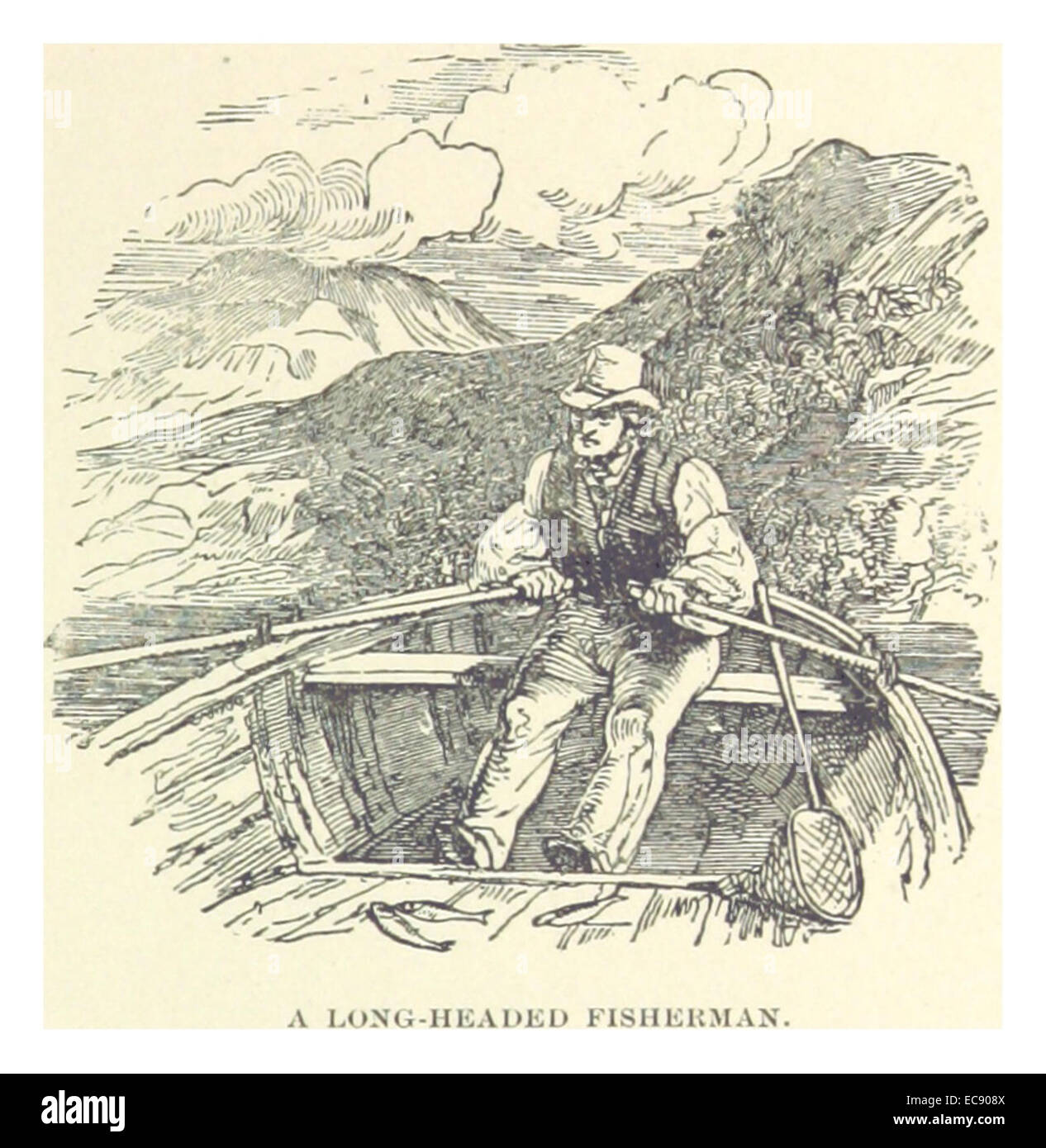 Un'illustrazione del 1891 di francese raffigurante un pescatore con una testa esagerata, lunga, probabilmente una caricatura o una rappresentazione umoristica. L'immagine potrebbe riflettere lo stile artistico dell'epoca, combinando satira con un commento sociale sui pescatori o sulla vita costiera. Foto Stock