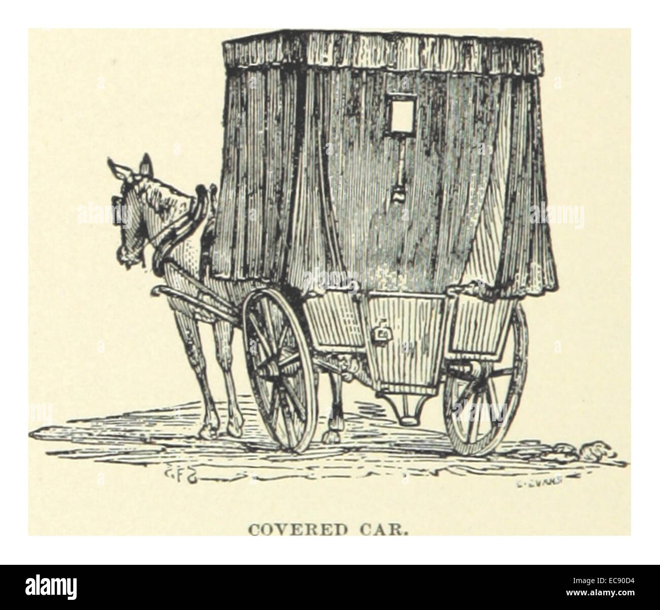 Questa illustrazione del 1891 del francese raffigura un'auto coperta, una prima forma di carrozza trainata da cavalli utilizzata per il trasporto personale. Mette in evidenza il design del veicolo, che ha fornito riparo ai passeggeri durante il viaggio. Foto Stock