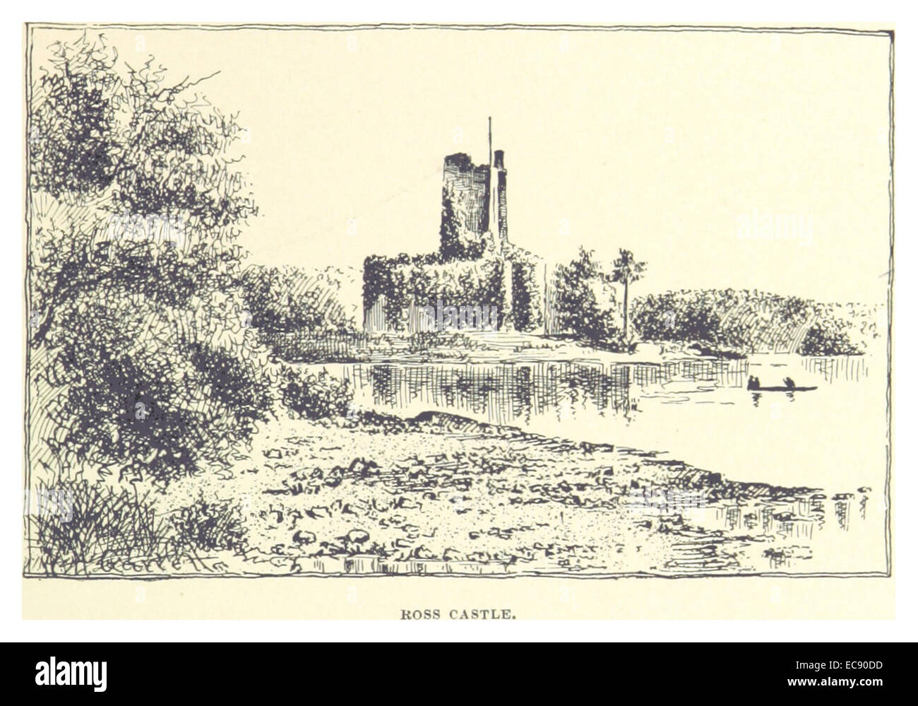 Un disegno del 1891 del castello di Ross, situato nella contea di Kerry, Irlanda. L'immagine fornisce una rappresentazione dettagliata della struttura storica e dei suoi dintorni, raffigurando le caratteristiche architettoniche e le vedute panoramiche del castello e dei suoi terreni. Foto Stock