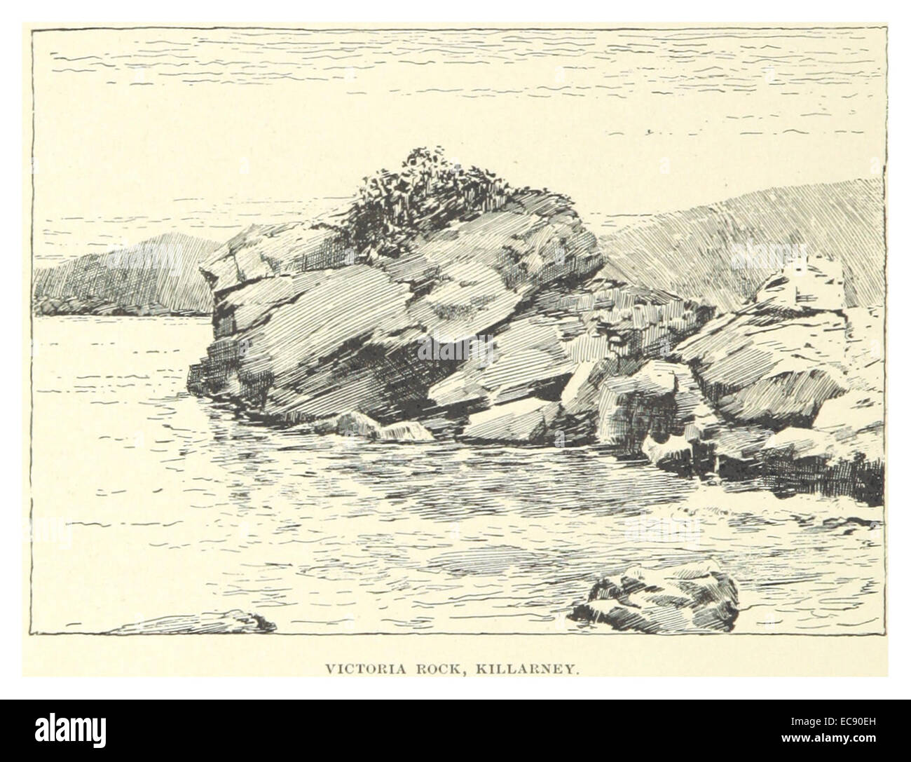 Un'illustrazione del 1891 di Victoria Rock a Killarney, Irlanda, che cattura il paesaggio panoramico e la bellezza naturale di questo popolare luogo turistico nella contea di Kerry. Foto Stock