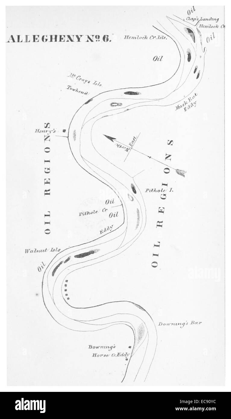 Questa mappa del 1864 di Gillelen illustra Oil Creek lungo il fiume Allegheny, fornendo informazioni sulla topografia della regione e sul suo significato durante i primi giorni dell'industria petrolifera americana. Foto Stock