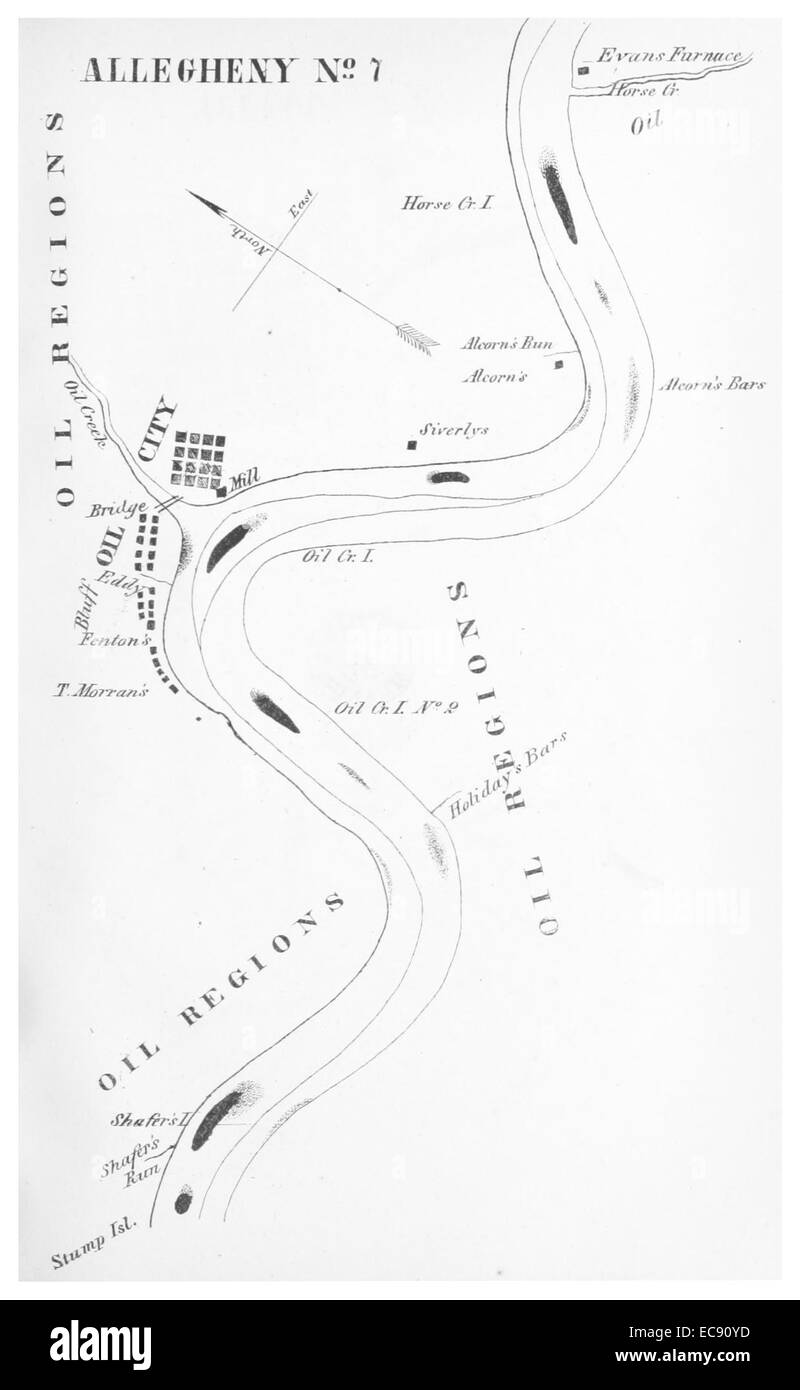 Una mappa del 1864 di Gillelen che mostra Oil Creek e il fiume Allegheny, luoghi chiave dell'industria petrolifera durante il XIX secolo. La mappa evidenzia la topografia e i corsi d'acqua essenziali per la produzione di petrolio. Foto Stock