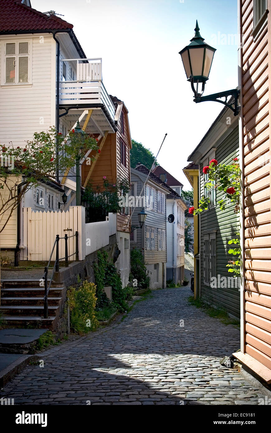Questo è un dettaglio immagine del centro storico di case di legno nella città vecchia di Bergen, nella seconda città più grande della Norvegia. Nella parte anteriore è tw Foto Stock