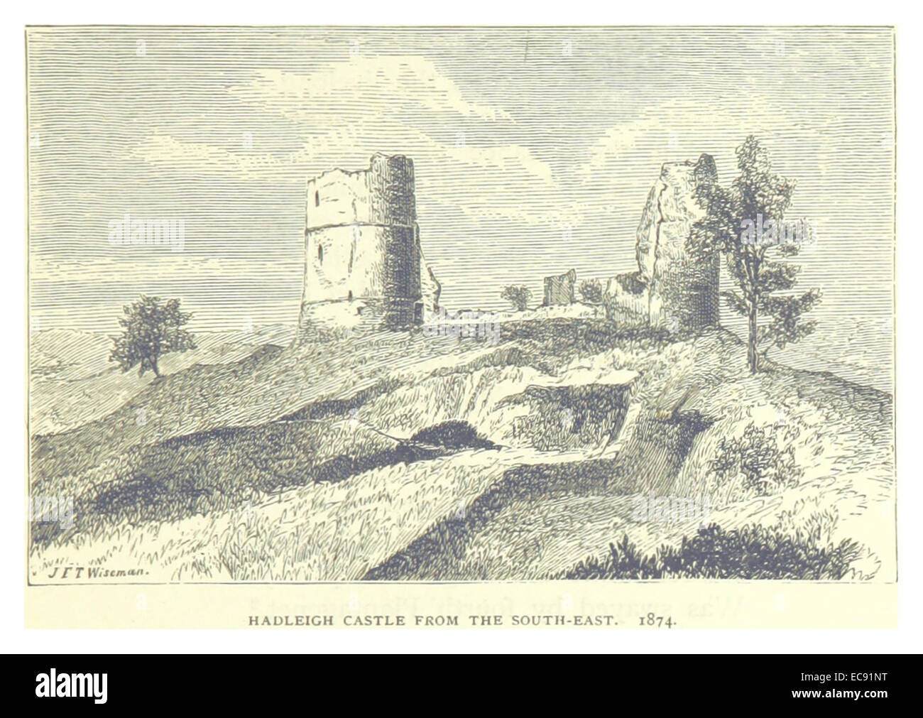 Questa illustrazione del 1874 offre una vista del castello di Hadleigh da sud-est, dando uno sguardo al suo design architettonico e al paesaggio circostante. Foto Stock