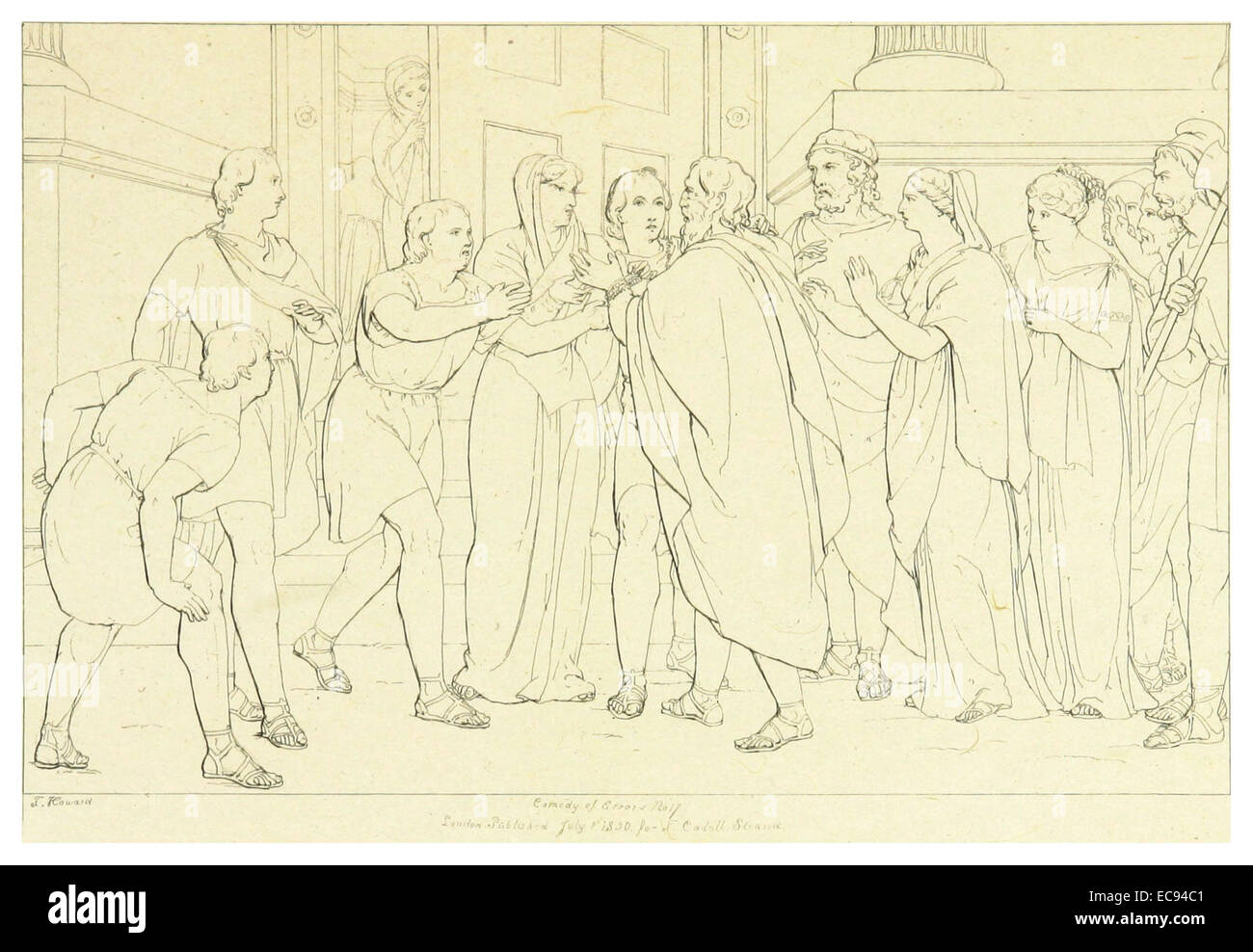 Questa illustrazione tratta dalla serie di Shakespeare di Howard del 1828-33 presenta lo spettacolo teatrale "la commedia degli errori", che mette in evidenza gli elementi stravaganti e le interazioni tra i personaggi in questa commedia classica. Foto Stock