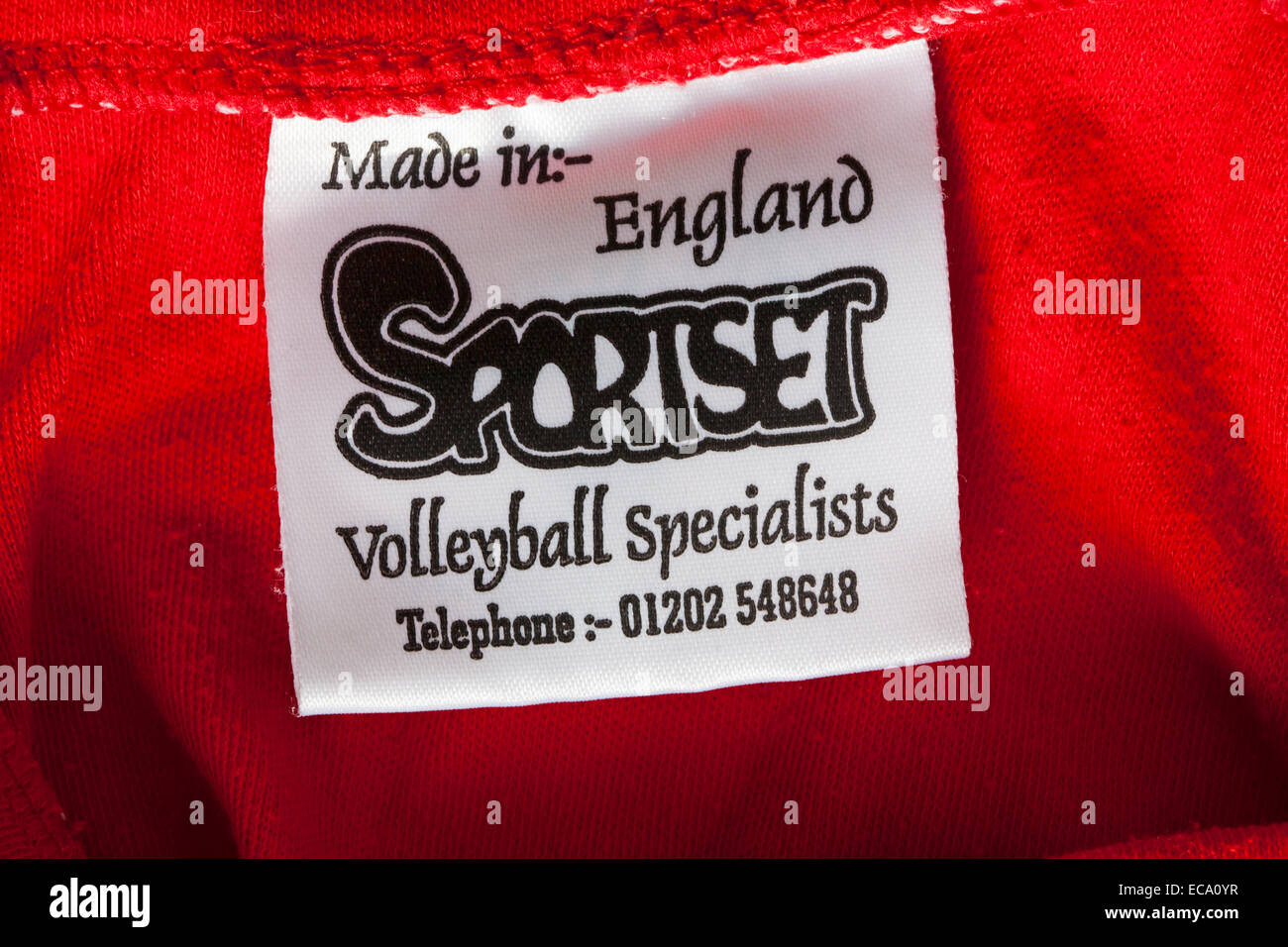 Etichetta in abbigliamento - Made in England Sportset specialisti di pallavolo Foto Stock