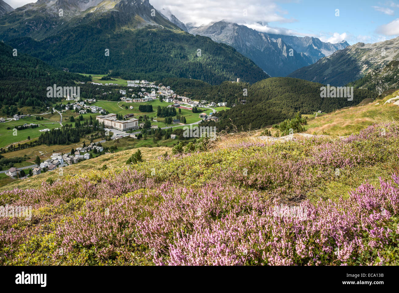 Vista a Maloja in primavera, alta Engadina, Grigioni, Svizzera | Aussicht auf Maloja im Frühling, Oberengadin, dei Grigioni, Schwe Foto Stock