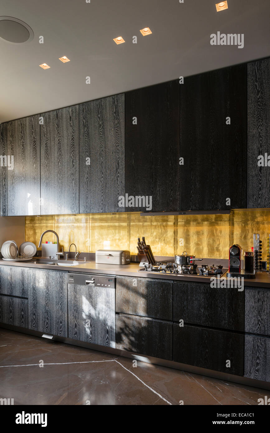 A foglia d'oro backsplash in cucina con dark smoky oak cabinetry Foto Stock