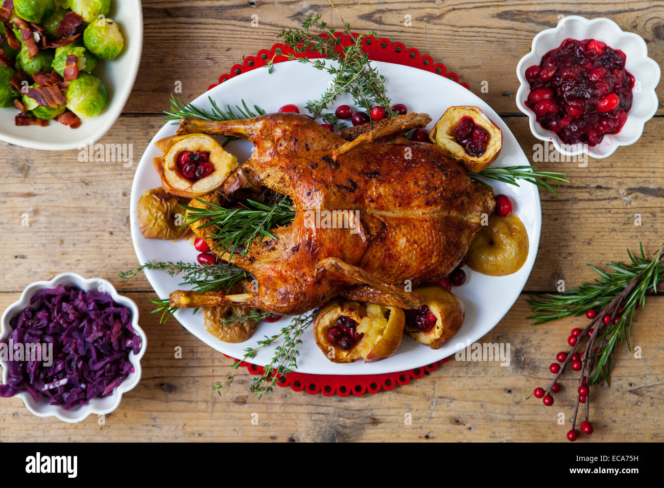 Festive anatra arrosto con mele e mirtilli rossi Foto Stock