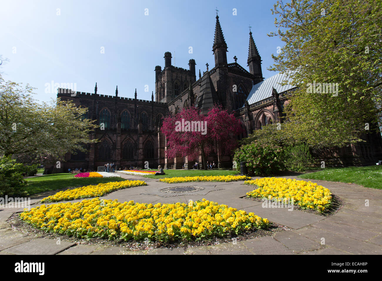 Città di Chester, Inghilterra. Molla di pittoresca vista del reggimento Cheshire Giardino della Rimembranza a Chester Cathedral. Foto Stock