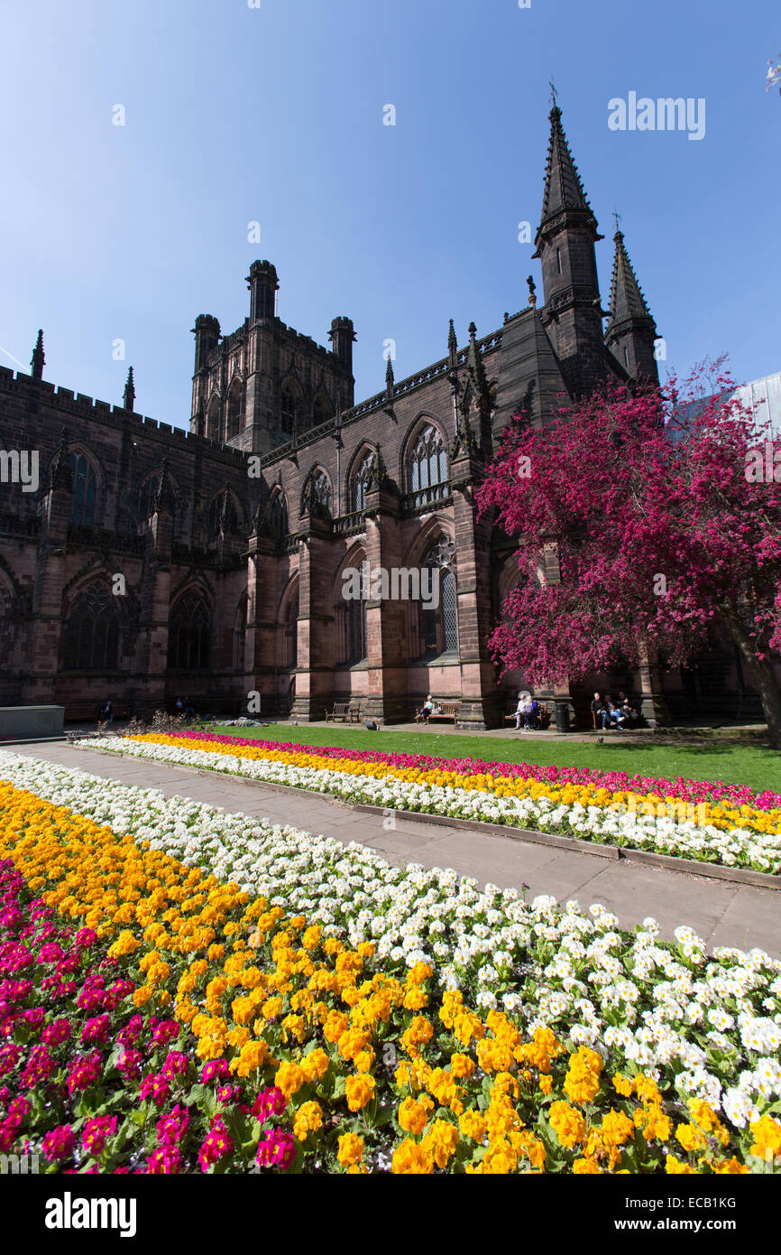 Città di Chester, Inghilterra. Molla di pittoresca vista del reggimento Cheshire Giardino della Rimembranza a Chester Cathedral. Foto Stock