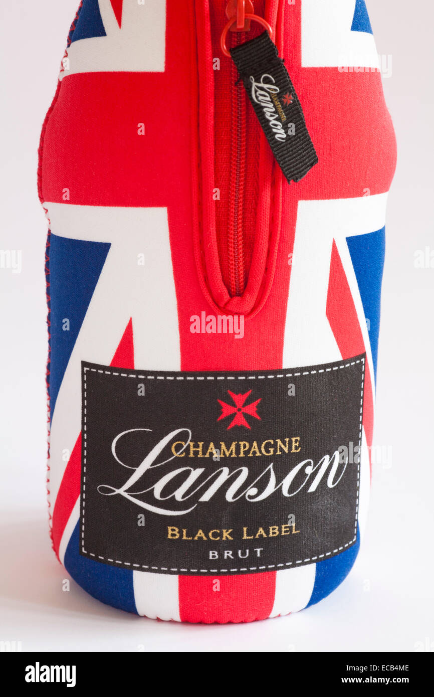 Unione Jack manicotto sulla bottiglia di champagne Lanson Black Label Brut con zip Foto Stock
