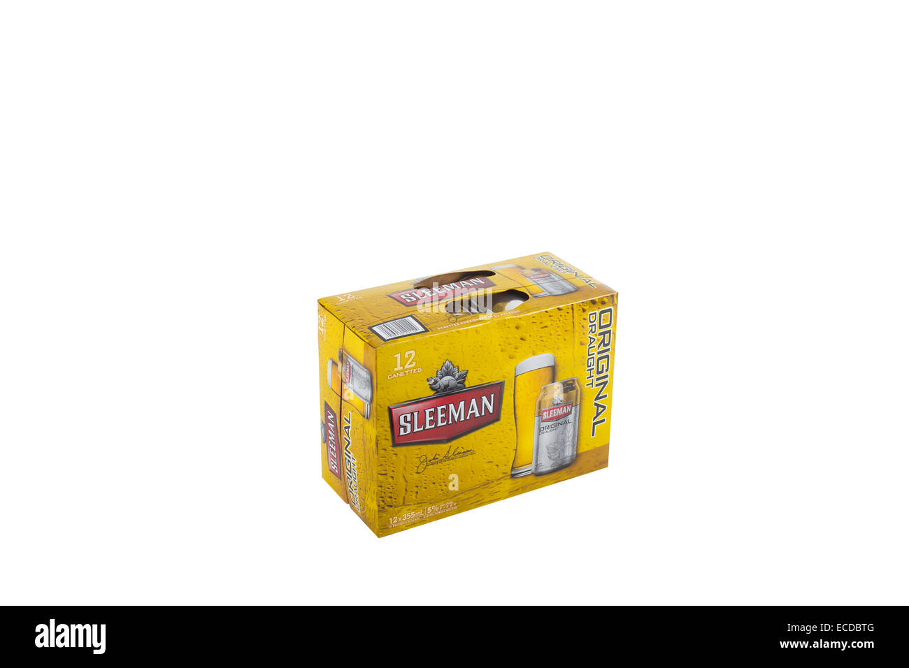 Una confezione di 12 355ml Lattine di Sleeman bozza originale la birra è raffigurato su un puro sfondo bianco. Foto Stock