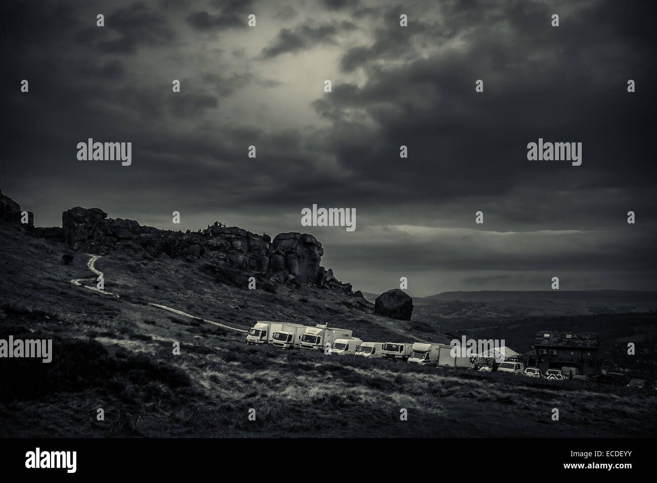 Troupe cinematografica al Cow & rocce di vitello, Ilkley, Regno Unito Foto Stock