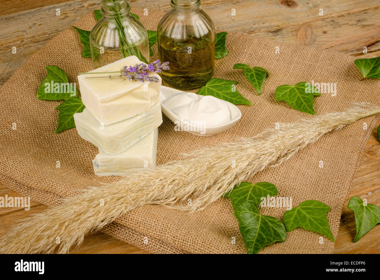 Sapone naturale e crema idratante a base di olii essenziali Foto Stock