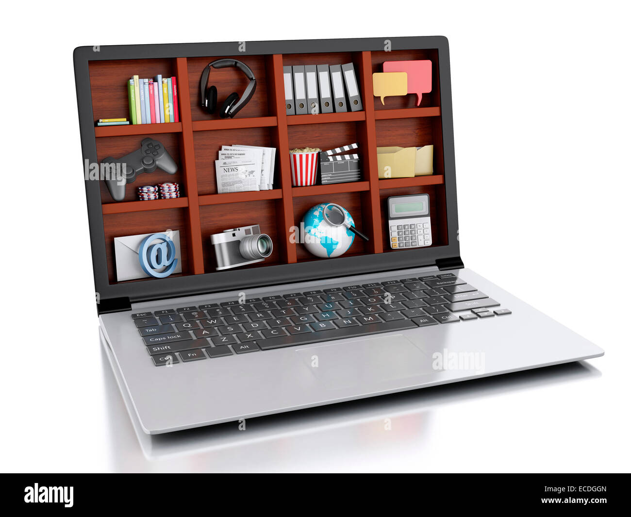 3D renderer illustrazione. Laptop e multimedia. coceptual immagine su sfondo bianco Foto Stock