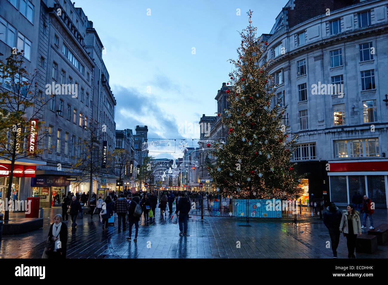 Il centro di Liverpool albero di natale e le luci sul shopping di Natale sera chiesa street REGNO UNITO Foto Stock